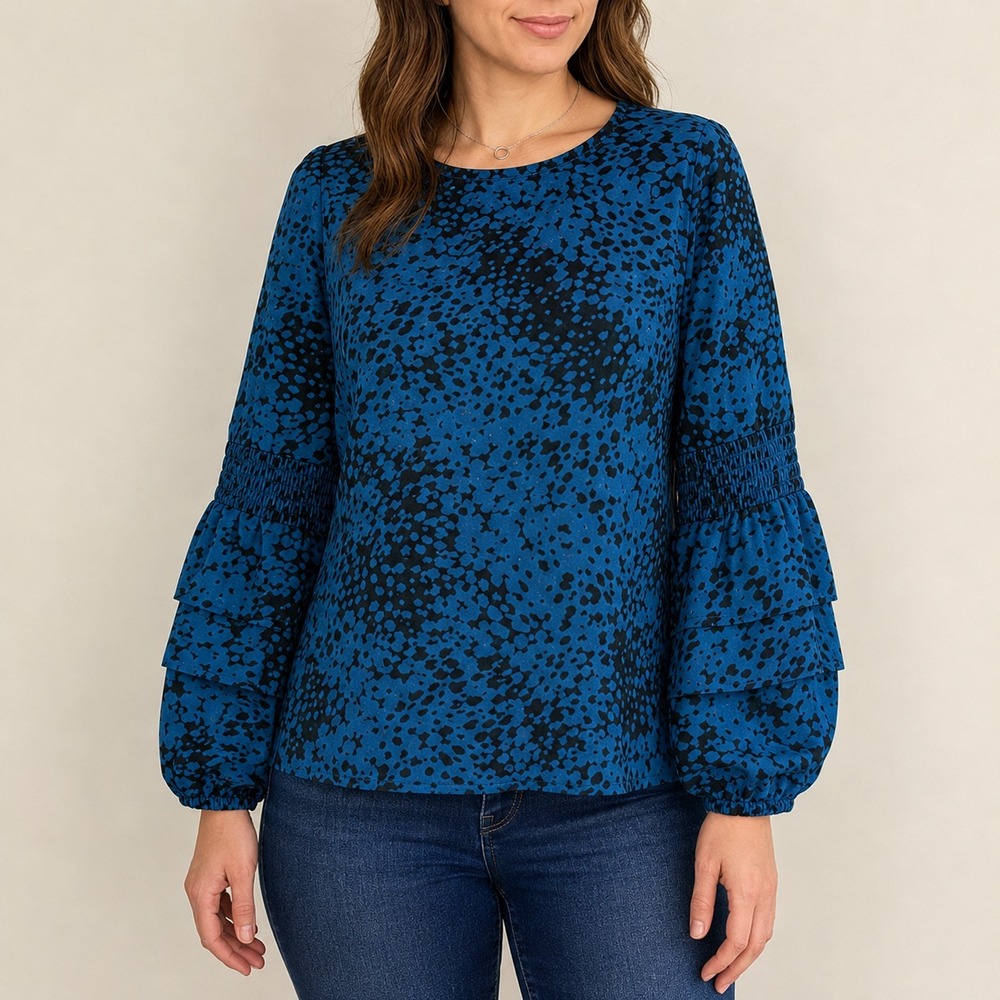 Chico's Blue Black Animal Print Top Womens Size 3 XL Ruffle Sleeve Cotton Modal